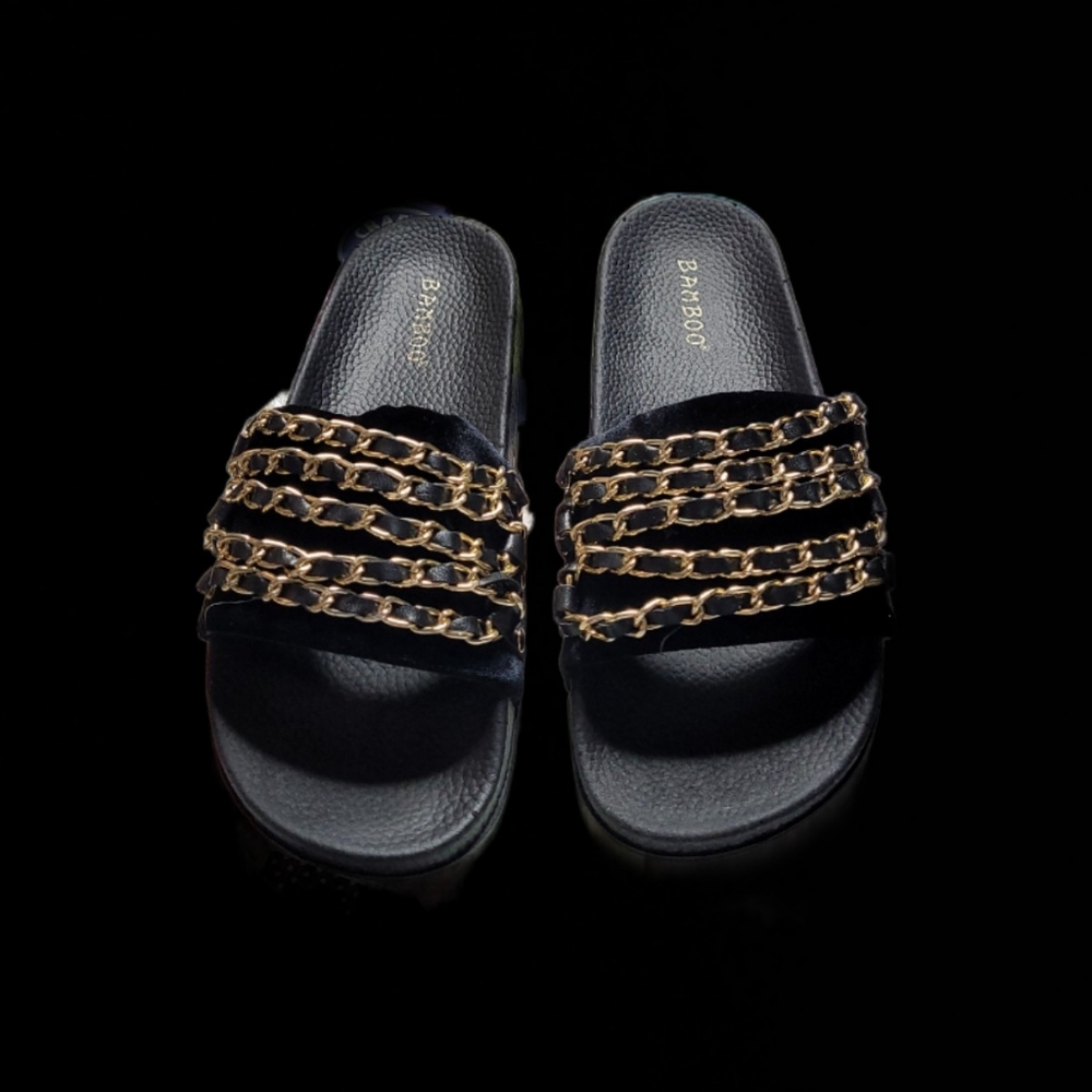 Size 6 Black Slides with Gold Accent Chains